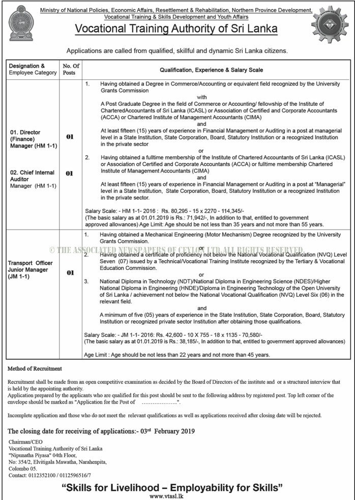 Director, Chief Internal Auditor, Transport Officer - Vocational Training Authority